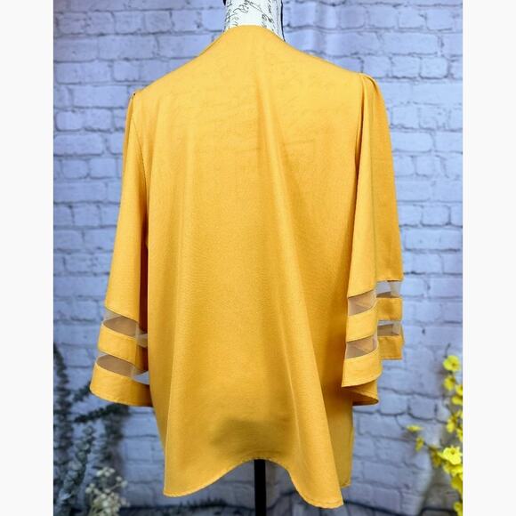 Casual V Neck 3/4 Bell Sleeve Mesh Panel Blouse Golden Glow XL - Picture 9 of 10